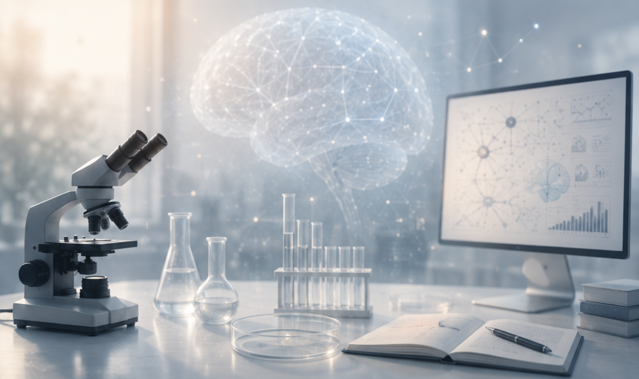 Lab desk with microscope, flasks, and a holographic brain visualization